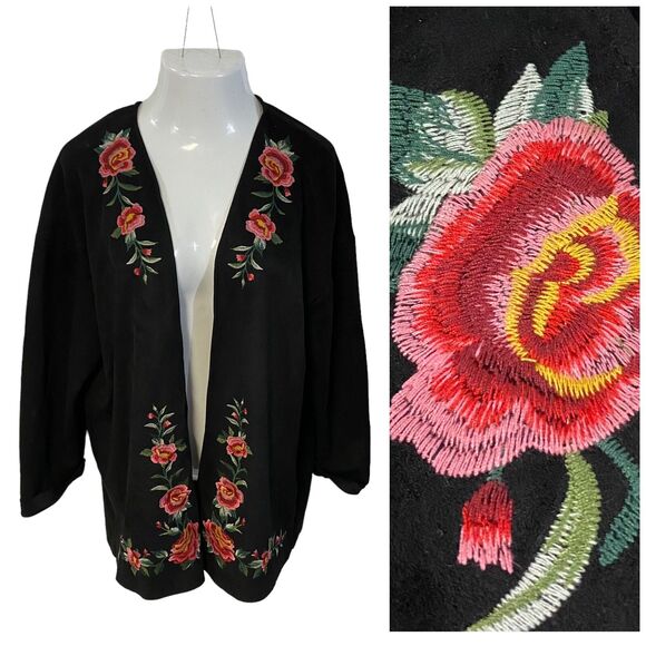 Umgee Cardigan Womens Medium Open Face Floral Embroidery Boho Kimono Lagenlook - Picture 1 of 13